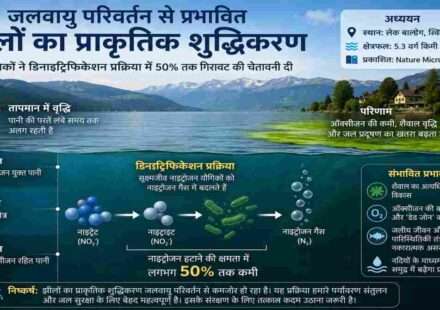 एक शांत झील का दृश्य, जहां बढ़ते तापमान और प्रदूषण के प्रभाव को वैज्ञानिक तरीके से दर्शाया गया हो।