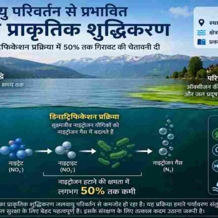 एक शांत झील का दृश्य, जहां बढ़ते तापमान और प्रदूषण के प्रभाव को वैज्ञानिक तरीके से दर्शाया गया हो।