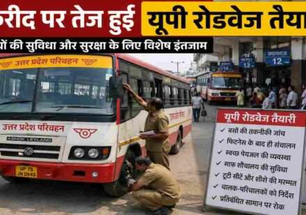उत्तर प्रदेश रोडवेज बस अड्डे पर खड़ी बसों की तकनीकी जांच करते कर्मचारी और यात्रियों की भीड़ का दृश्य।