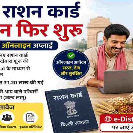 एक भारतीय परिवार लैपटॉप पर दिल्ली राशन कार्ड आवेदन करते हुए दिखाई दे रहा है, साथ में सरकारी दस्तावेज और राशन कार्ड का प्रतीकात्मक दृश्य।