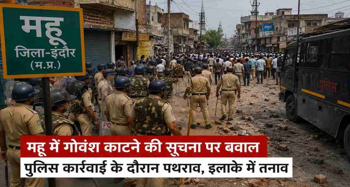 महू के संवेदनशील क्षेत्र में पुलिस बल तैनात, गोवंश विवाद के बाद सुरक्षा व्यवस्था संभालते जवानों का प्रतीकात्मक दृश्य।