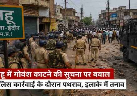महू के संवेदनशील क्षेत्र में पुलिस बल तैनात, गोवंश विवाद के बाद सुरक्षा व्यवस्था संभालते जवानों का प्रतीकात्मक दृश्य।