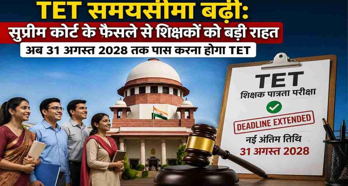 सुप्रीम कोर्ट भवन की प्रतीकात्मक तस्वीर, जिसमें शिक्षक और शिक्षा से जुड़े दस्तावेज दिखाई दे रहे हैं, जो TET समयसीमा बढ़ाने के फैसले को दर्शाते हैं।