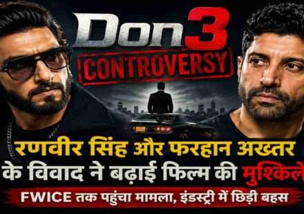 Don 3 Controversy को दर्शाती एक सिनेमाई तस्वीर, जिसमें रणवीर सिंह और फरहान अख्तर से जुड़े विवाद को प्रतीकात्मक रूप से दिखाया गया है।