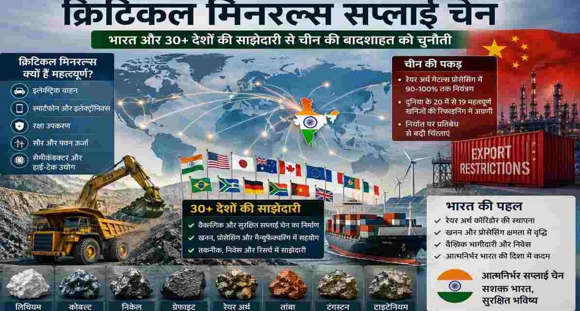 क्रिटिकल मिनरल्स, रेयर अर्थ एलिमेंट्स, भारत, चीन और वैश्विक सप्लाई चेन को दर्शाता हुआ आधुनिक औद्योगिक दृश्य।
