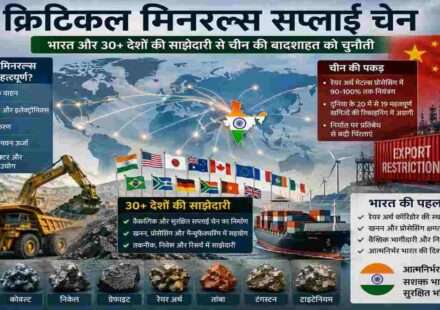 क्रिटिकल मिनरल्स, रेयर अर्थ एलिमेंट्स, भारत, चीन और वैश्विक सप्लाई चेन को दर्शाता हुआ आधुनिक औद्योगिक दृश्य।