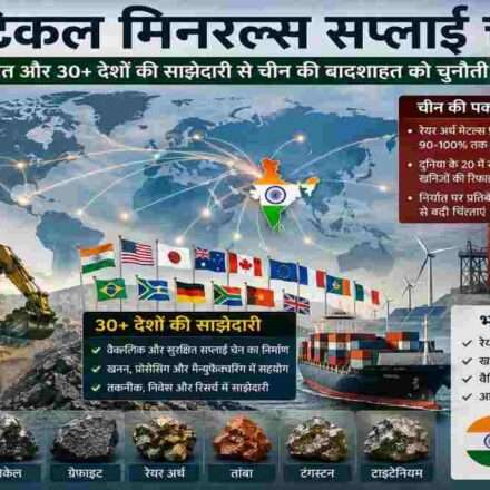क्रिटिकल मिनरल्स, रेयर अर्थ एलिमेंट्स, भारत, चीन और वैश्विक सप्लाई चेन को दर्शाता हुआ आधुनिक औद्योगिक दृश्य।