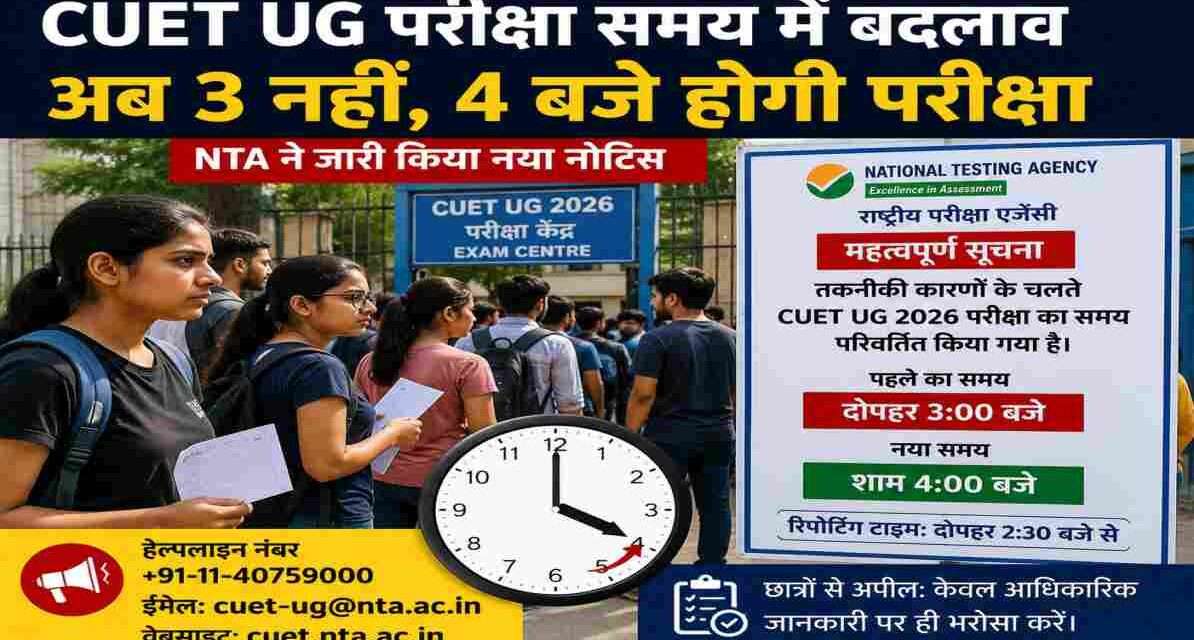 CUET UG 2026 परीक्षा केंद्र के बाहर खड़े छात्र, हाथ में एडमिट कार्ड लिए हुए। पृष्ठभूमि में परीक्षा केंद्र और समय परिवर्तन से जुड़ी सूचना प्रदर्शित।