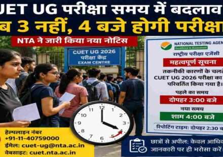 CUET UG 2026 परीक्षा केंद्र के बाहर खड़े छात्र, हाथ में एडमिट कार्ड लिए हुए। पृष्ठभूमि में परीक्षा केंद्र और समय परिवर्तन से जुड़ी सूचना प्रदर्शित।