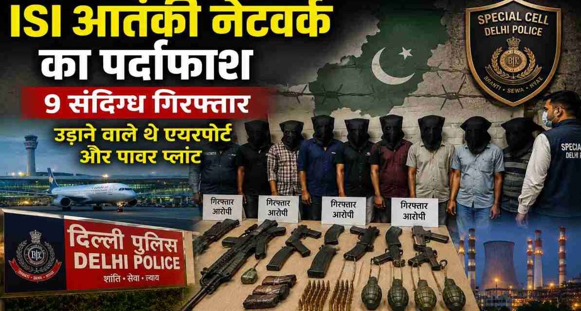 ISI आतंकी नेटवर्क का पर्दाफाश, 9 संदिग्ध गिरफ्तार; बड़े हमले की साजिश नाकाम सुरक्षा एजेंसियों द्वारा गिरफ्तार किए गए संदिग्धों के प्रतीकात्मक दृश्य के साथ दिल्ली पुलिस और राष्ट्रीय सुरक्षा से जुड़ी ग्राफिक तस्वीर।