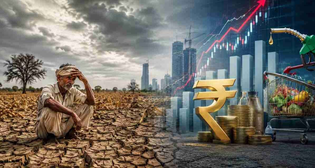 भारतीय खेतों में सूखी फसल, पृष्ठभूमि में आर्थिक ग्राफ और रुपये का प्रतीक, जो कम मानसून और अर्थव्यवस्था पर उसके प्रभाव को दर्शाता है।