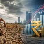 भारतीय खेतों में सूखी फसल, पृष्ठभूमि में आर्थिक ग्राफ और रुपये का प्रतीक, जो कम मानसून और अर्थव्यवस्था पर उसके प्रभाव को दर्शाता है।