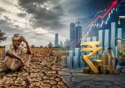 भारतीय खेतों में सूखी फसल, पृष्ठभूमि में आर्थिक ग्राफ और रुपये का प्रतीक, जो कम मानसून और अर्थव्यवस्था पर उसके प्रभाव को दर्शाता है।