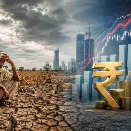 भारतीय खेतों में सूखी फसल, पृष्ठभूमि में आर्थिक ग्राफ और रुपये का प्रतीक, जो कम मानसून और अर्थव्यवस्था पर उसके प्रभाव को दर्शाता है।