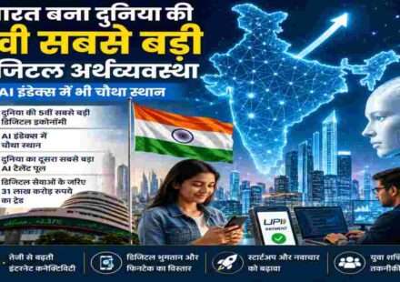 डिजिटल इंडिया, AI तकनीक, डेटा नेटवर्क, फिनटेक सेवाएं और आधुनिक भारतीय अर्थव्यवस्था को दर्शाती हाई-क्वालिटी न्यूज़ इमेज।