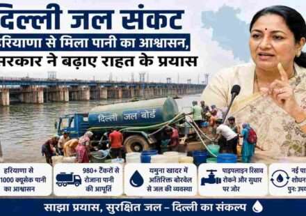 दिल्ली में जल संकट के दौरान पानी के टैंकर, वजीराबाद बैराज का दृश्य और जल आपूर्ति व्यवस्था की निगरानी करते अधिकारी।