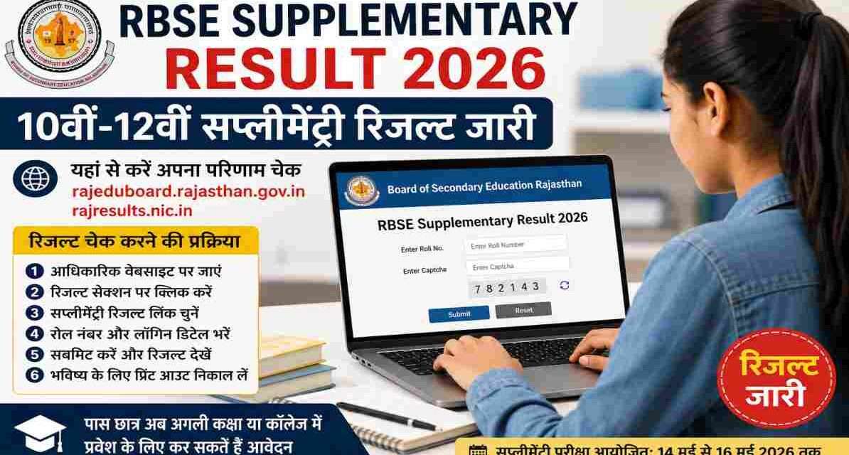 लैपटॉप पर राजस्थान बोर्ड का रिजल्ट पोर्टल खुला हुआ है, जहां छात्र RBSE Supplementary Result 2026 चेक कर रहा है। बैकग्राउंड में शिक्षा और परीक्षा से जुड़े तत्व दिखाई दे रहे हैं।