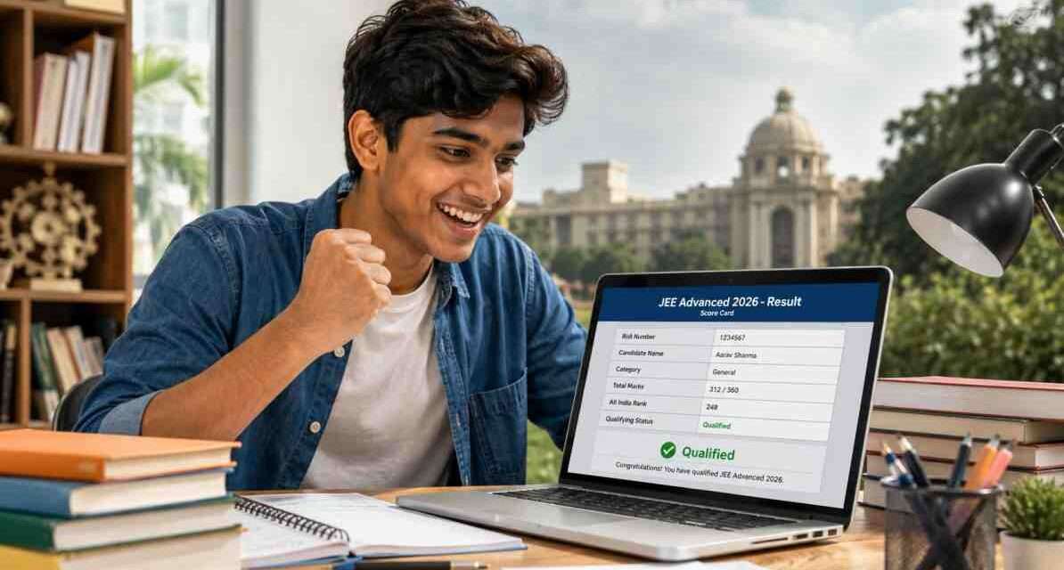 लैपटॉप पर JEE Advanced Result 2026 चेक करता हुआ छात्र, स्क्रीन पर स्कोरकार्ड और रिजल्ट पोर्टल दिखाई देता हुआ।