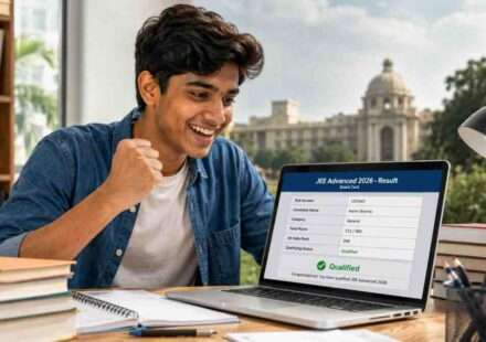 लैपटॉप पर JEE Advanced Result 2026 चेक करता हुआ छात्र, स्क्रीन पर स्कोरकार्ड और रिजल्ट पोर्टल दिखाई देता हुआ।