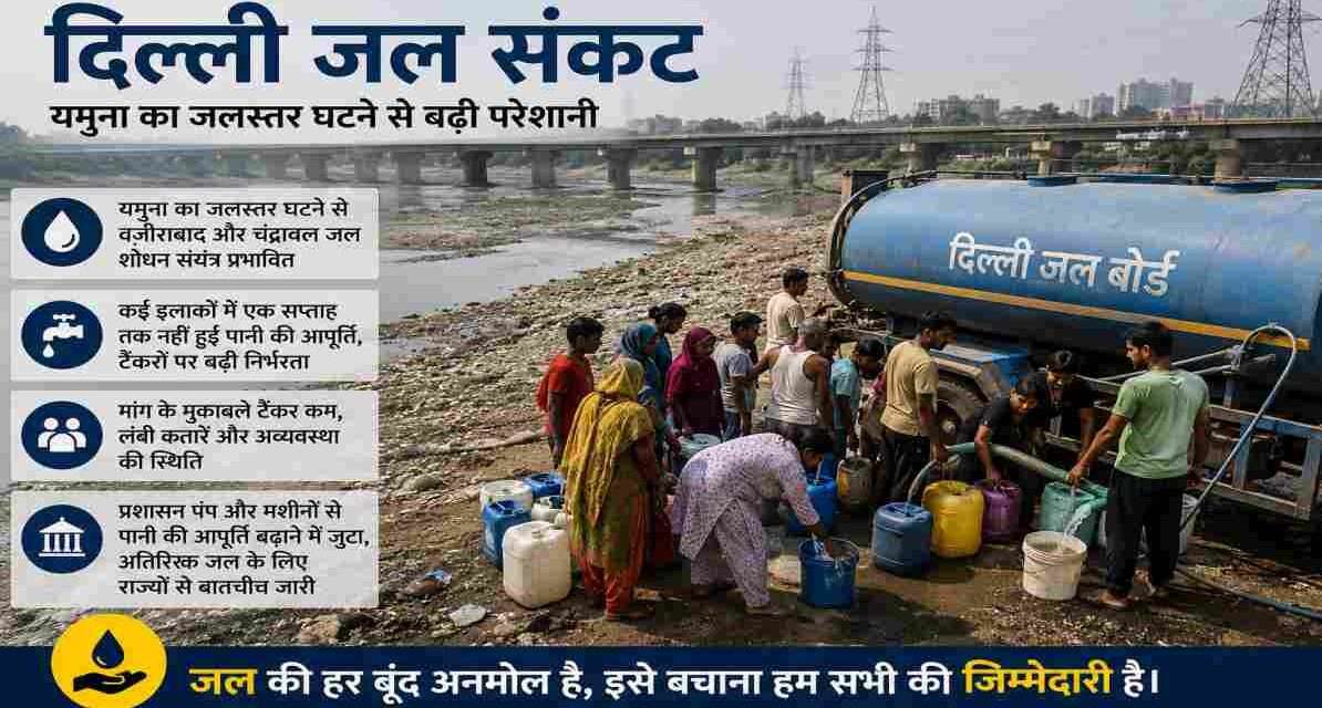 दिल्ली जल संकट | यमुना का जलस्तर घटने से बढ़ी पानी की किल्लत, कई इलाकों में सप्लाई प्रभावित दिल्ली में यमुना नदी का जलस्तर कम होने के कारण वजीराबाद और चंद्रावल जल शोधन संयंत्र प्रभावित हुए हैं, जिससे कई क्षेत्रों में पानी की कमी और टैंकरों पर निर्भरता बढ़ गई है।