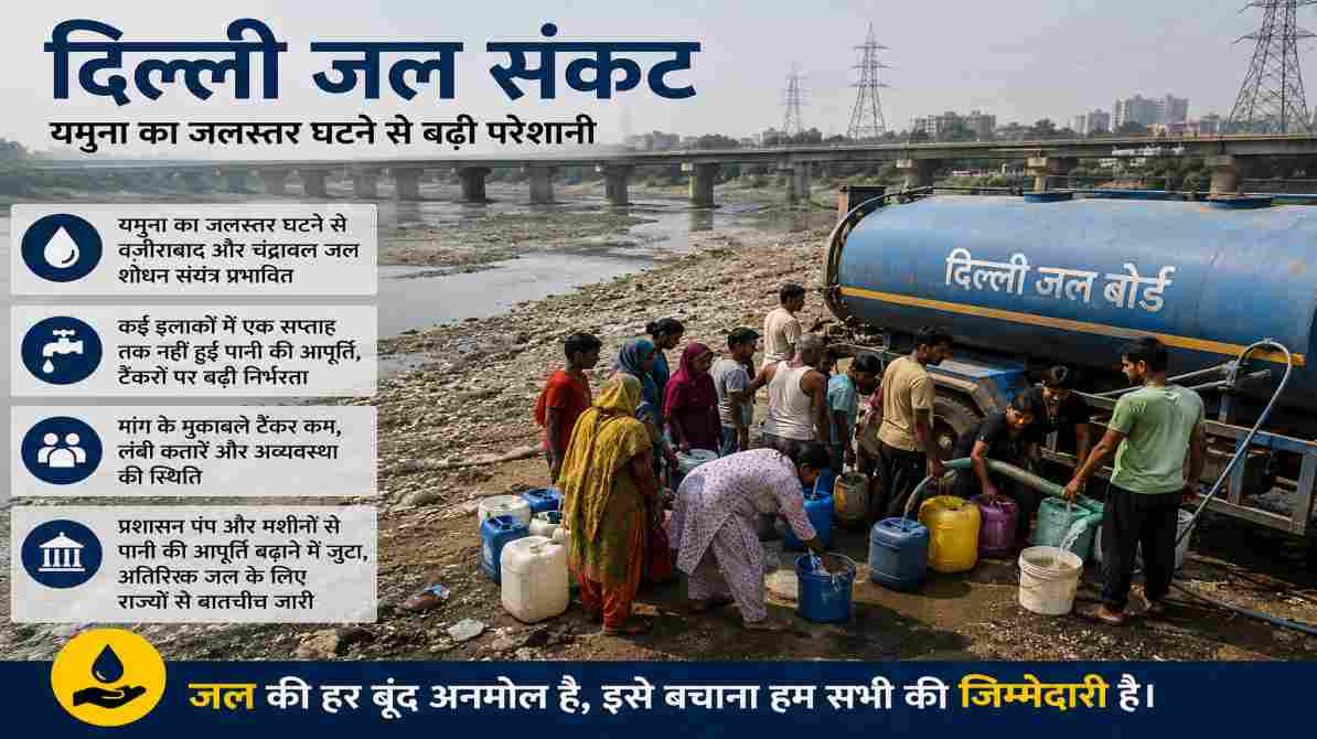 दिल्ली जल संकट | यमुना का जलस्तर घटने से बढ़ी पानी की किल्लत, कई इलाकों में सप्लाई प्रभावित