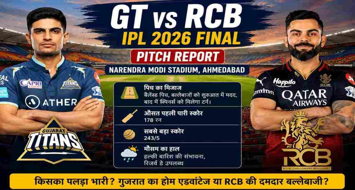 GT vs RCB Final Pitch Report | अहमदाबाद की पिच पर किस टीम को मिलेगा फायदा? जानिए फाइनल से पहले पूरी रिपोर्ट अहमदाबाद के नरेंद्र मोदी स्टेडियम का शानदार दृश्य, जहां GT और RCB के बीच IPL 2026 फाइनल खेला जाना है। पिच, मौसम और मैच की तैयारियों को दर्शाती हाई-क्वालिटी स्पोर्ट्स इमेज।