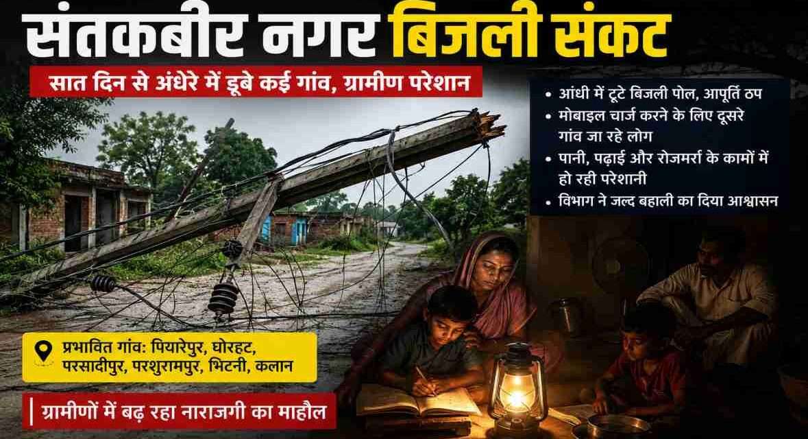 संतकबीर नगर बिजली संकट के दौरान टूटे बिजली पोल का दृश्य।