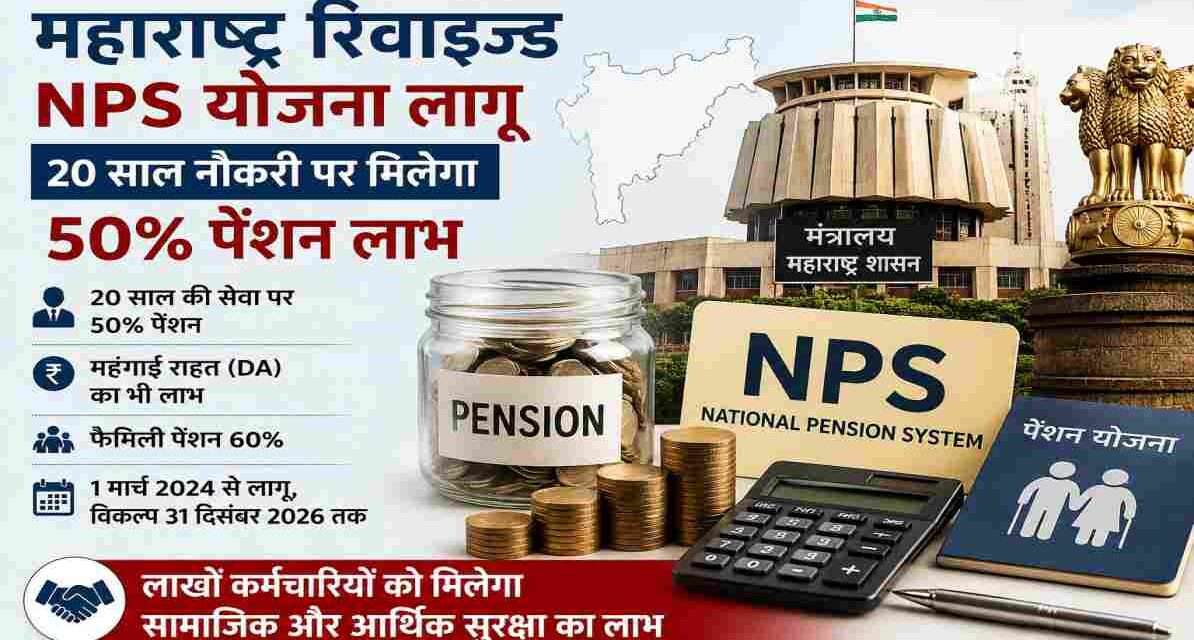सरकारी कर्मचारी, पेंशन दस्तावेज और महाराष्ट्र सचिवालय की प्रतीकात्मक छवि, जो महाराष्ट्र रिवाइज्ड NPS योजना को दर्शाती है।