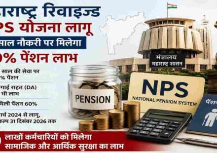 सरकारी कर्मचारी, पेंशन दस्तावेज और महाराष्ट्र सचिवालय की प्रतीकात्मक छवि, जो महाराष्ट्र रिवाइज्ड NPS योजना को दर्शाती है।