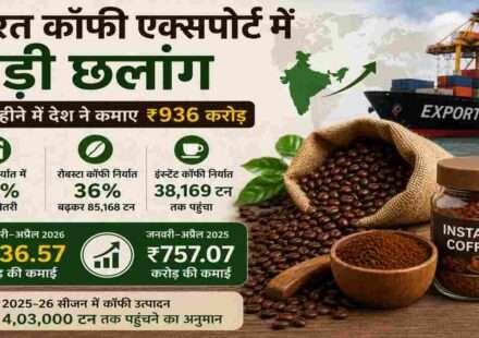 कॉफी बीन्स, इंस्टेंट कॉफी और भारतीय कॉफी निर्यात को दर्शाती प्रतीकात्मक तस्वीर।