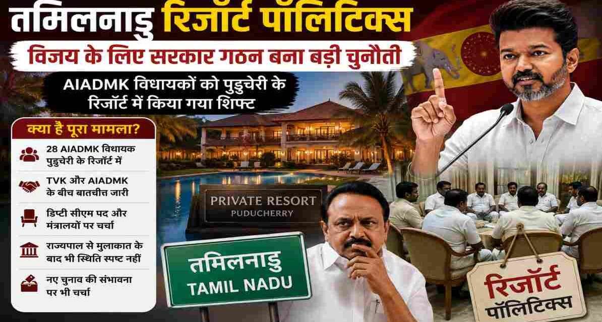 पुडुचेरी के रिजॉर्ट में ठहरे विधायक और तमिलनाडु की राजनीतिक हलचल को दर्शाती प्रतीकात्मक तस्वीर।