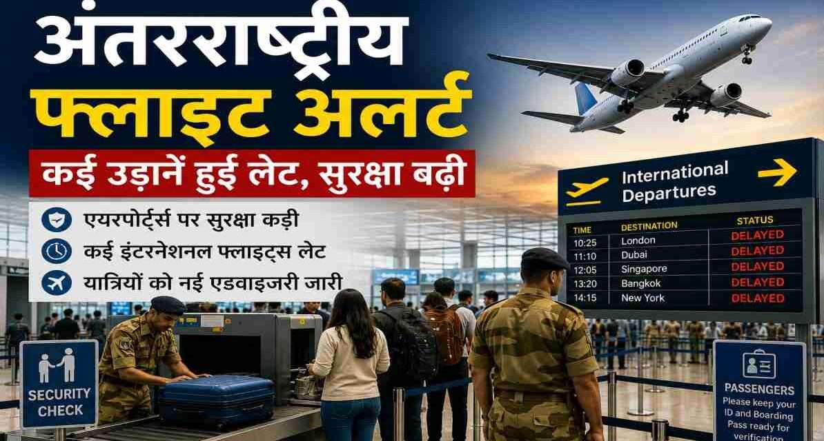 एयरपोर्ट पर सुरक्षा जांच के दौरान यात्री और इंटरनेशनल फ्लाइट्स का दृश्य, जहां अतिरिक्त सुरक्षा अलर्ट लागू है।