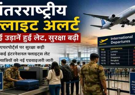 एयरपोर्ट पर सुरक्षा जांच के दौरान यात्री और इंटरनेशनल फ्लाइट्स का दृश्य, जहां अतिरिक्त सुरक्षा अलर्ट लागू है।