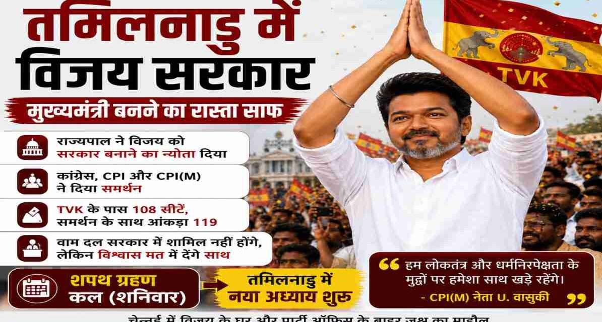 तमिलनाडु में सरकार गठन के बाद चेन्नई में TVK समर्थकों का जश्न और विजय की राजनीतिक सक्रियता।