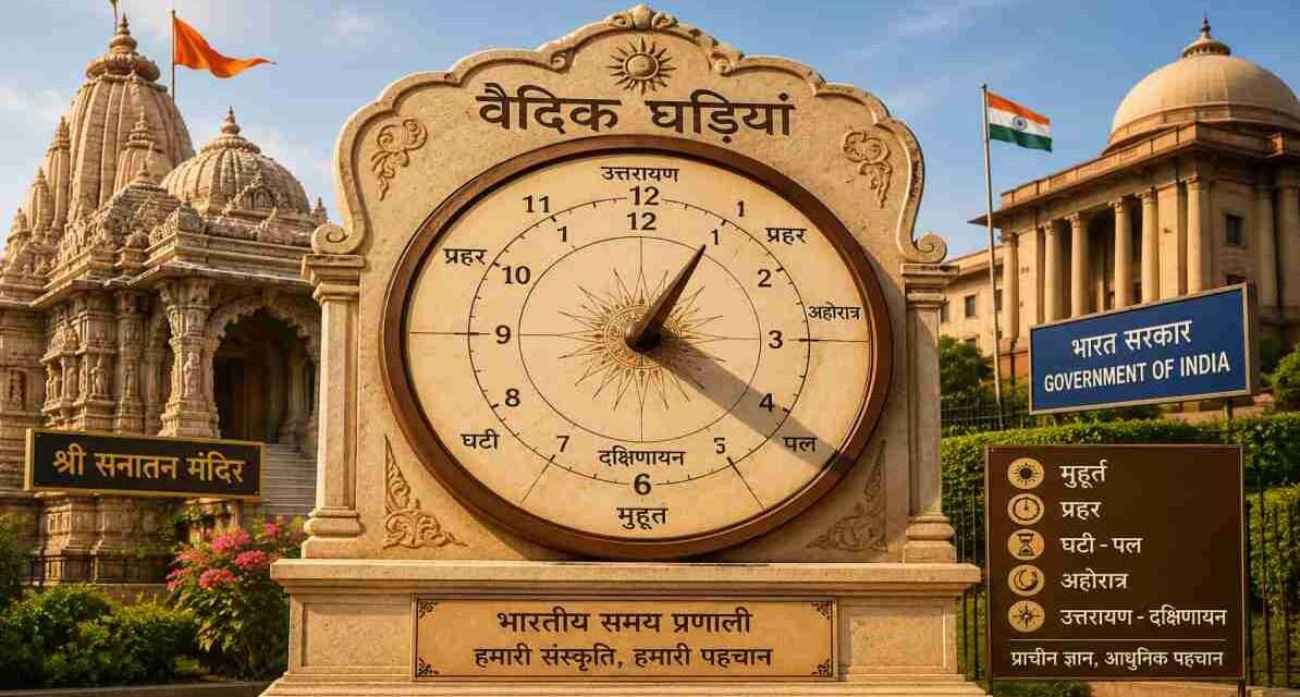 भारत के एक मंदिर और सरकारी भवन के बाहर लगी वैदिक घड़ियां का सांस्कृतिक और पारंपरिक दृश्य