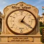 भारत के एक मंदिर और सरकारी भवन के बाहर लगी वैदिक घड़ियां का सांस्कृतिक और पारंपरिक दृश्य