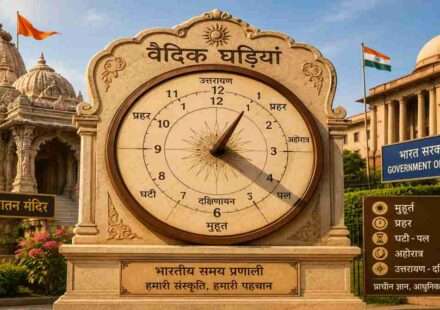 भारत के एक मंदिर और सरकारी भवन के बाहर लगी वैदिक घड़ियां का सांस्कृतिक और पारंपरिक दृश्य