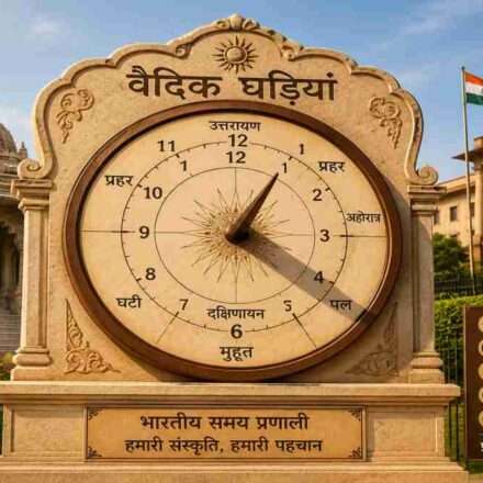 भारत के एक मंदिर और सरकारी भवन के बाहर लगी वैदिक घड़ियां का सांस्कृतिक और पारंपरिक दृश्य
