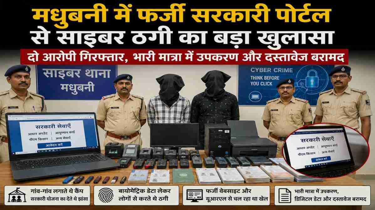 मधुबनी में फर्जी सरकारी पोर्टल का भंडाफोड़ | साइबर ठगी गिरोह के दो सदस्य गिरफ्तार