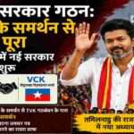 तमिलनाडु विधानसभा के प्रतीकात्मक बैकग्राउंड में विजय समर्थकों की भीड़ और राजनीतिक माहौल को दर्शाती न्यूज़ स्टाइल तस्वीर।