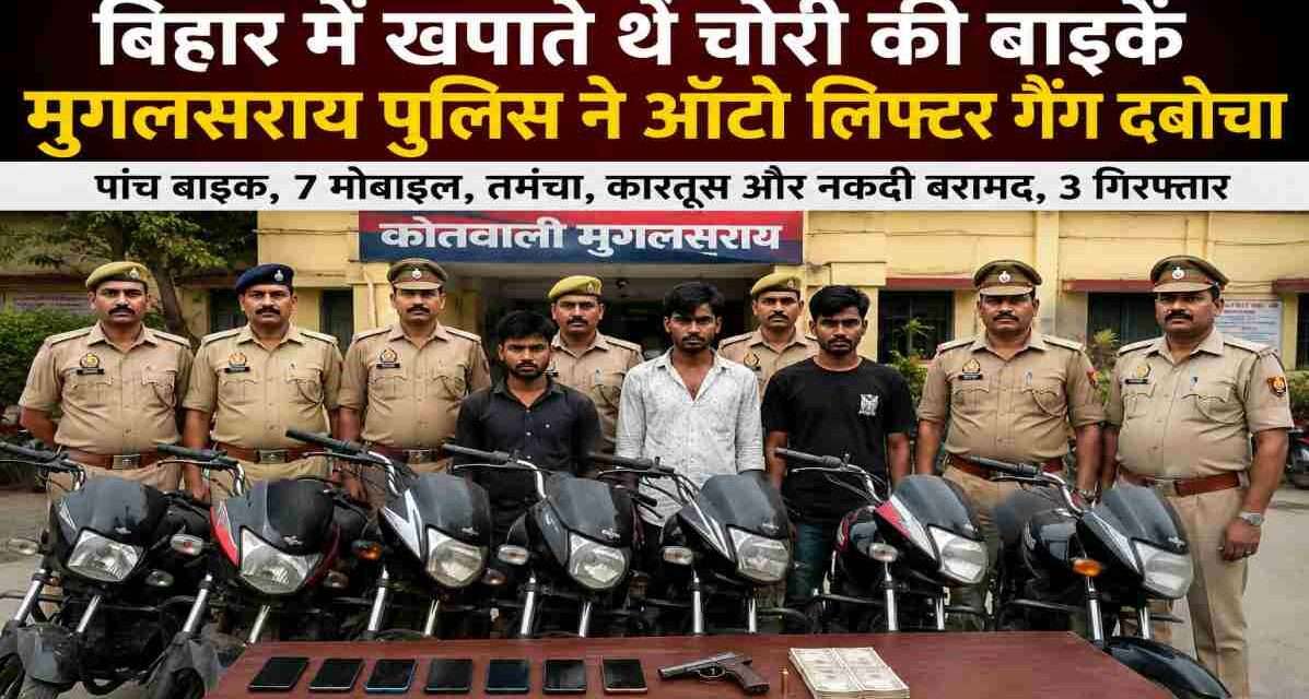 तस्वीर में पुलिस टीम चोरी की मोटरसाइकिलों और गिरफ्तार आरोपितों के साथ दिखाई दे रही है। यह कार्रवाई मुगलसराय ऑटो लिफ्टर गैंग के खिलाफ की गई।