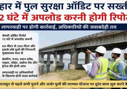 बिहार के एक बड़े पुल का निरीक्षण करते इंजीनियर और अधिकारी, मानसून से पहले सुरक्षा जांच का दृश्य।