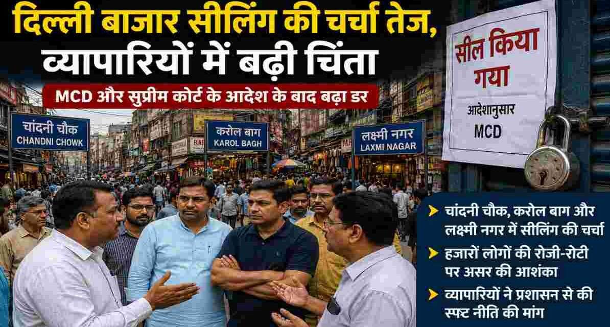 चांदनी चौक और करोल बाग जैसे बाजारों में दुकानों और व्यापारियों की भीड़ के बीच सीलिंग कार्रवाई को लेकर तनावपूर्ण माहौल।