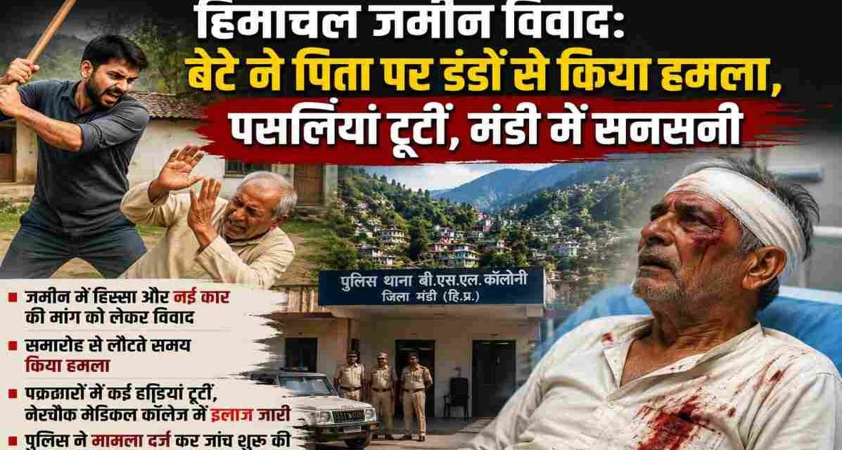 हिमाचल प्रदेश के मंडी जिले में जमीन विवाद के बाद घायल पिता और जांच में जुटी पुलिस का प्रतीकात्मक दृश्य।