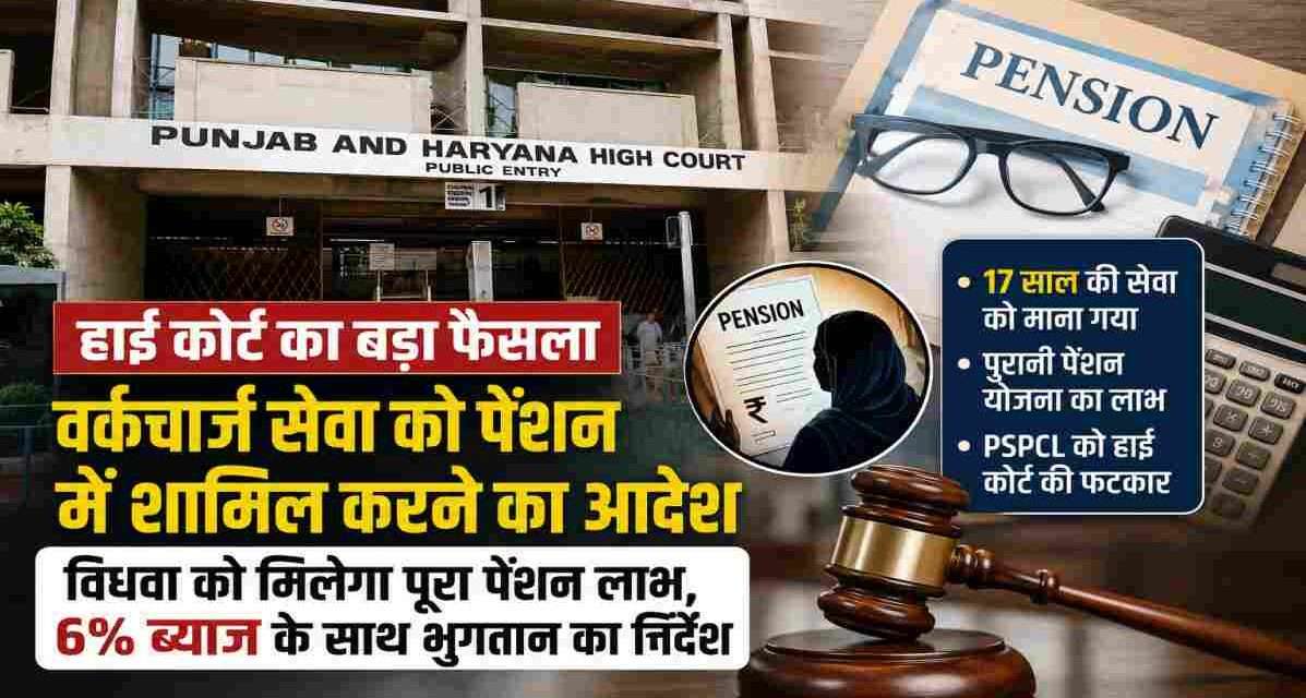 कोर्ट भवन और पेंशन से जुड़े दस्तावेजों का प्रतीकात्मक दृश्य, जो वर्कचार्ज सेवा पेंशन फैसले को दर्शाता है।