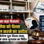 कोर्ट भवन और पेंशन से जुड़े दस्तावेजों का प्रतीकात्मक दृश्य, जो वर्कचार्ज सेवा पेंशन फैसले को दर्शाता है।