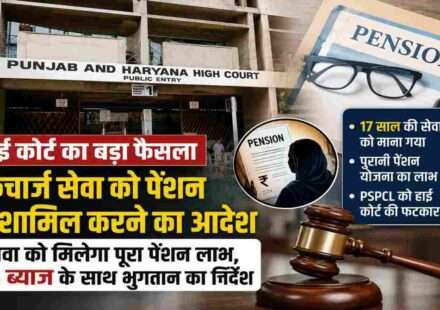कोर्ट भवन और पेंशन से जुड़े दस्तावेजों का प्रतीकात्मक दृश्य, जो वर्कचार्ज सेवा पेंशन फैसले को दर्शाता है।