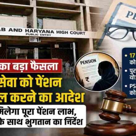 कोर्ट भवन और पेंशन से जुड़े दस्तावेजों का प्रतीकात्मक दृश्य, जो वर्कचार्ज सेवा पेंशन फैसले को दर्शाता है।