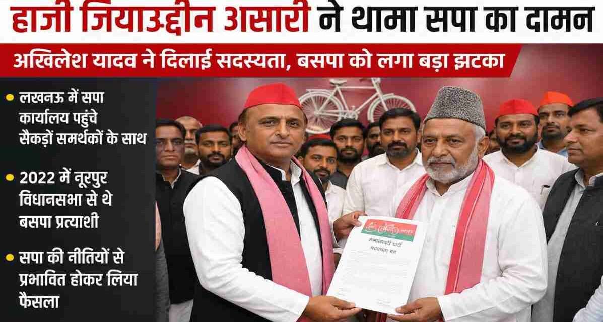 समाजवादी पार्टी कार्यालय में अखिलेश यादव के साथ हाजी जियाउद्दीन अंसारी और समर्थकों का दृश्य।