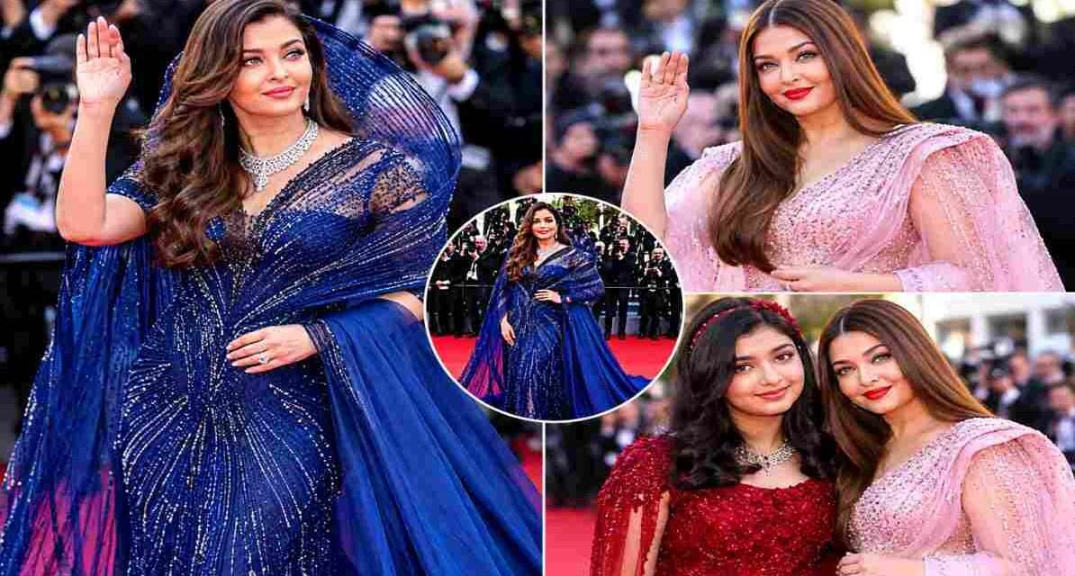 Cannes 2026 | ब्लू गाउन में छाईं Aishwarya Rai, बेटी आराध्या संग रेड कार्पेट पर लूटी महफिल Aishwarya Rai Bachchan posing at Cannes 2026 red carpet in a sparkling blue designer gown with elegant diamond jewellery.